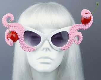 Ursula Pink Octopus Kraken Tentacle with Cherries Sunglasses, Mermaid, Pastel, Cake, Sea Animal, Drag, OTT, Statement, Oversized, Customised