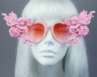 Pastel Pink Heart Shaped Cherub Sunglasses Filigree, Angel, Frosting, Icing, Roses, Marie Antoinette, Drag Queen, Cake, Wedding, Bride, Cute