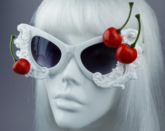 Cherries & Cream White Catseye Sunglasses, Cherry, Frosting, Icing, Marie Antoinette, Filigree, baroque, rococo, Gothic Lolita, Bride Kawaii