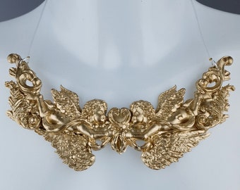 Gold Filigree Necklace, Bib, Statement, Rococo, Baroque, Goth, Gothic, Cherub, Angel Wings, Neckpiece, Jewellery, Accessories, Unusual