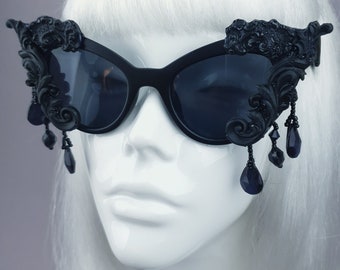 Black Filigree Beading Catseye Sunglasses, Baroque, Statement, Rococo, Drag Queen, Goth, Gothic, Alt Fashion, Accessories, Angel Wings, Cute