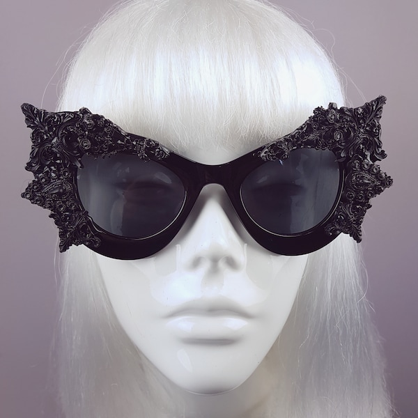 Gafas de sol Black Filigree Bat Wing, Alt Fashion, Eyewear, Accesorios para festivales, Gafas de sol barrocas, Catseye, Goth, Lolita gótica, Sunnnies