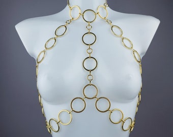 Barbarella Gold Ring Jewellery Harness, 60's, Punk, Bra Top, Chest, Fetish, Gothic, Metal, Women, Bohemia, Necklace, Festival, Chestpiece UK