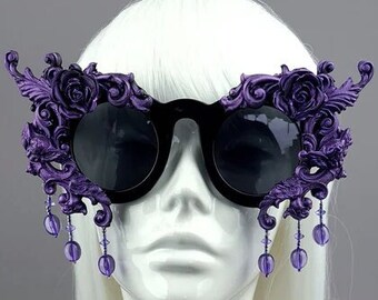 Black & Purple Filigree Beading Sunglasses, Eccentric, Rococo Baroque, Statement, Customised, Avant Garde Gothic Lolita, Goth, Vampire, OTT
