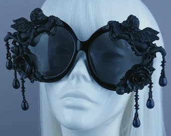Black Cherub & Beading Oversized Round Sunglasses, Ornate, Baroque, Rococo, Eyewear, Gothic, Couture, Vampire, Goth Fashion, Fancy Dress, UK