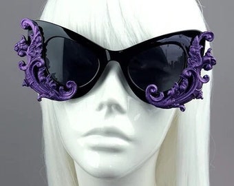 Black & Purple Filigree Catseye Sunglasses, Ornate, Baroque, Statement, Rococo, Drag Queen, Goth, Gothic, Alt Fashion, Oversized, Alternate