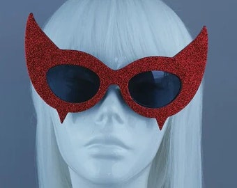 Red Glitter Devil Horn Sunglasses,  Statement Sunglasses, Large Eyewear, OTT, Gothic Lolita, Crazy, Fun, Festival Fashion, Horror, Goth, UK