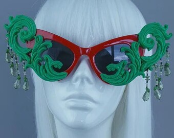 Green & Red Filigree Beading Catseye Sunglasses, Extravagant, Oversized, Drag Queen, Fancy Dress, Statement, Avant Garde, Extraordinary, OTT