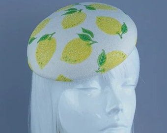 Lemon Ivory Fruit Food Fascinator Hat, Wedding, Races, Royal Ascot, Kentucky Derby, Bride, Millinery, Drag Queen, Burlesque, Statement, Cute