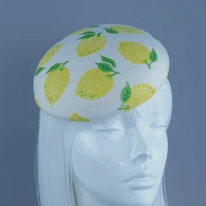 Lemon Ivory Fruit Food Fascinator Hat, Wedding, Races, Royal Ascot, Kentucky Derby, Bride, Millinery, Drag Queen, Burlesque, Statement, Cute
