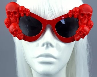 Red Skulls Red Cateye Sunglasses, Gothic Lolita, Goth Bride, Drag Queen, Statement, Glam, Fabulous, Crazy, Oversized, Vampire, Skull, Punk,