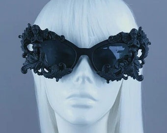 Black Filigree Cherub Catseye Sunglasses, goth gothic baroque rococo alt fashion, Eyewear Drag Queen Statement Accessories Accessory Unique