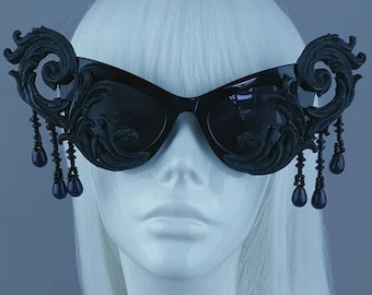 Black Filigree Beading Catseye Sunglasses, Baroque, Statement, Rococo, Drag Queen, Goth Bride, Gothic, Alt Fashion, Extravagant, Oversized,