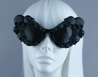 Black Skulls Cateye Sunglasses Gothic Lolita, Goth Bride, Drag Queen, Statement, Glam, Fabulous, Crazy, Oversized, Vampire, Skull, Punk, UK