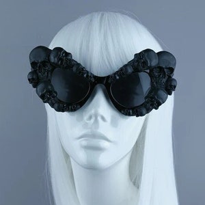 Black Skulls Cateye Sunglasses Gothic Lolita, Goth Bride, Drag Queen, Statement, Glam, Fabulous, Crazy, Oversized, Vampire, Skull, Punk, UK