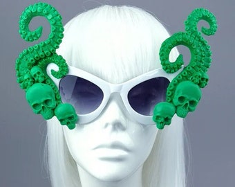 Green Skulls Kraken Tentacles Sunglasses, Octopus, Drag Queen, OTT, Mermaid, Goth, Cats eye, Gothic Lolita, Sexy, Customised, Alt Fashion,UK