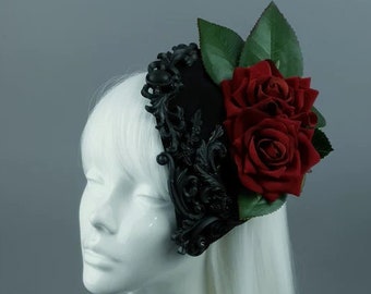 Red Rose & Filigree Fascinator Hat Headdress, Goth bride, Gothic Wedding, Vampire, Lolita, Races Headdress Accessories, Headpiece, Statement