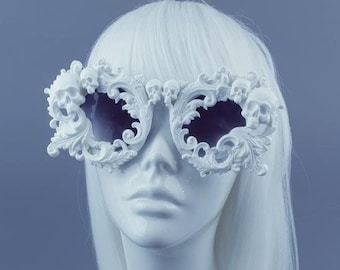 White Skull & Filigree Sunglasses, Baroque Rococo Statement, Goth Gothic Alt Fashion Bride OTT Halloween Wedding Gift Present Oversized Cute