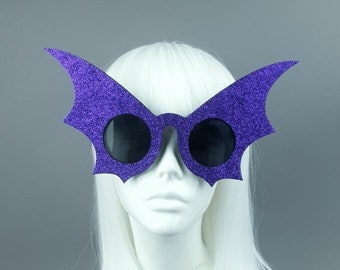 Purple Glitter Bat Wing Sunglasses, Statement Sunglasses, Large Eyewear, OTT, Gothic Lolita, Crazy, Fun, Festival Fashion, Horror, UK, Goth