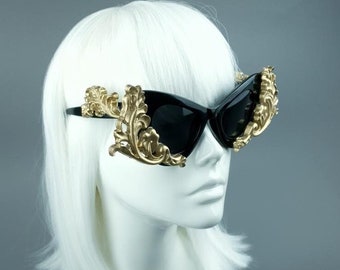 Black & Gold Filigree Sunglasses, Baroque Rococo Statement, Goth Gothic Alt Fashion Bride OTT Halloween Wedding Gift Present Eyewear Party