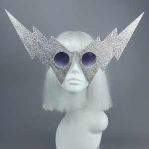 Silver Glitter Lightening Bolt Sunglasses, Hen Party, Goth, Gothic Lolita, Pinup, Retro Sun Glasses, Drag Queen, Mask, Huge, Crazy, Unique