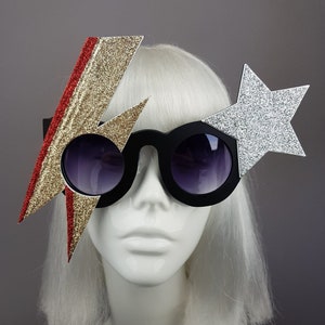 David Bowie Gold Lightening Stripe Sunglasses, Wearable Fan Art, Music Festival Sunglasses, Avant Garde Couture Eyewear, Statement, Large