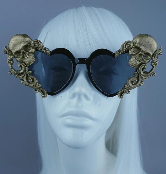 Gold Black Skull Filigree Heart Shaped Sunglasses, Quirky