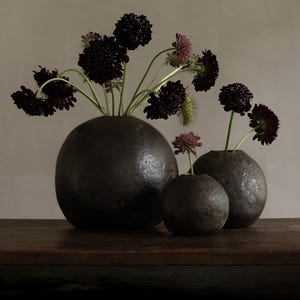 May include: Three spherical, dark charcoal-colored vases with a rough, textured surface. The vases vary in size and are arranged in a cluster. Each vase holds a few stems of dark purple, almost black, scabiosa flowers with delicate, rounded heads.