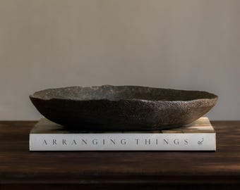 Handmade 12" Ceramic Shallow Centerpiece Bowl | Rustic Bowl, Black Dish, Brown Dish, Moody Decor, Farmhouse Wabi Sabi, Dining Table Decor