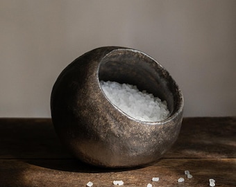Salero de cerámica hecho a mano / Decoración de cocina Wabi Sabi, Cerdo de sal rústico, Tarro de cocina orgánico, Plato negro, Plato marrón, Casa de campo rústica