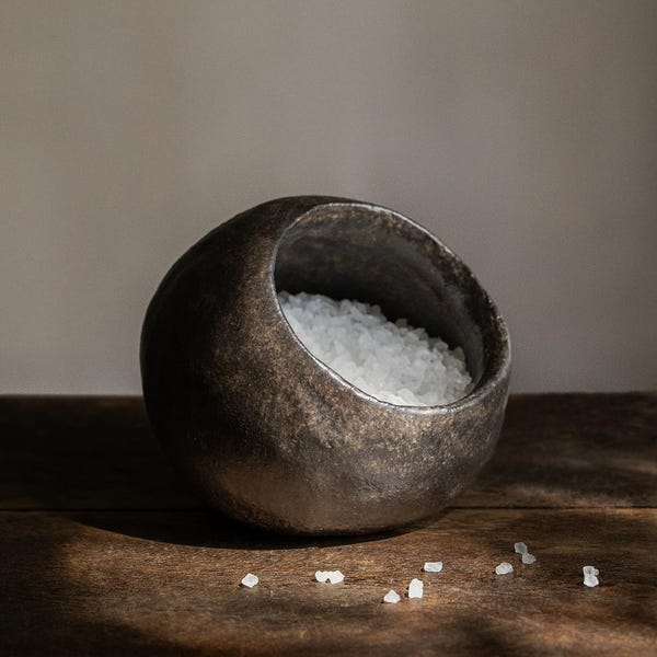 Handmade Ceramic Salt Cellar | Wabi Sabi Kitchen Decor, Rustic Salt Pig, Organic Kitchen Jar, Black Dish, Brown Dish, Rustic Farmhouse