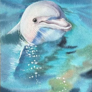 Dipinto ad acquerello di delfino, disegnato a mano, originale, arte subacquea, decorazione da parete acquatica, regalo oceano
