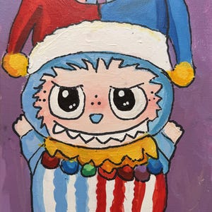 Arte Labubu acrílico hecho a mano / Payaso bufón esponjoso de Labubu / Niño - Lienzo de algodón original de 8.3" x 11.7" / Arte pop caprichoso