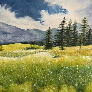 Dipinto di paesaggio ad acquerello fatto a mano/Arte originale con montagne, alberi, erba e campi di fiori selvatici/Decorazione da parete con paesaggio naturale senza cornice per la casa