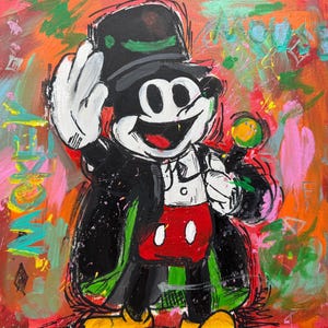 Arte acrílico de Mickey hecho a mano / Rapsodia mágica de Mickey de Eason / Niño - Lienzo de 30 x 30 cm / Decoración Disney con grafiti sin marco