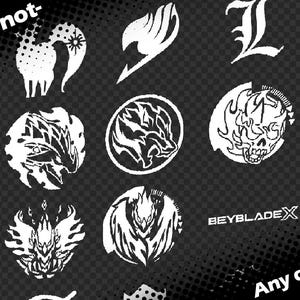 May include: Black and white graphic designs of various anime and cartoon characters, including Fairy Tail, Death Note, Beyblade, and Totoro. The text "Official or not" and "Any custom logo!" are also included in the image.