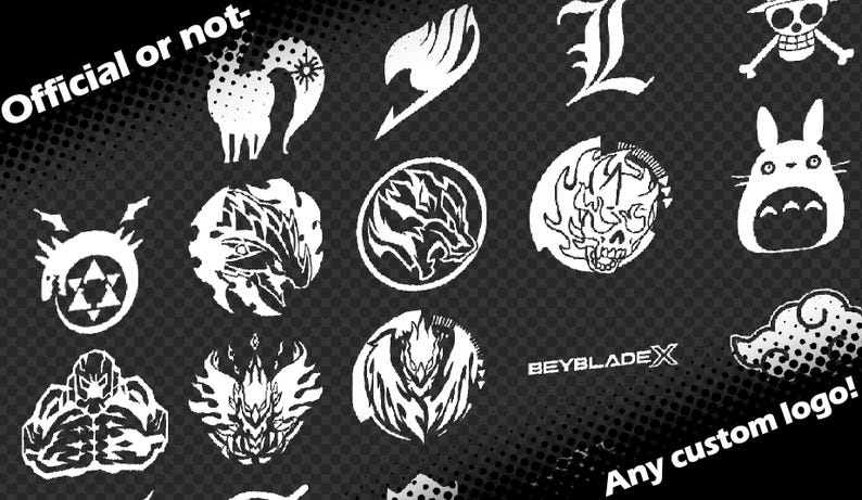 May include: Black and white graphic designs of various anime and cartoon characters, including Fairy Tail, Death Note, Beyblade, and Totoro. The text "Official or not" and "Any custom logo!" are also included in the image.
