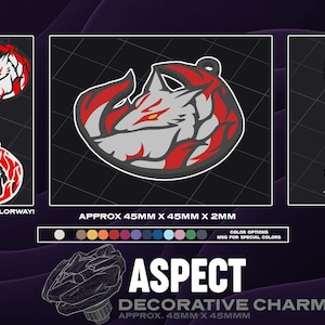 May include: Decorative Aspect charms with a stylized wolf design in various colorways. The charms are approximately 45mm x 45mm x 2mm. Includes a black lanyard with a metal ring. Choose your colorway!