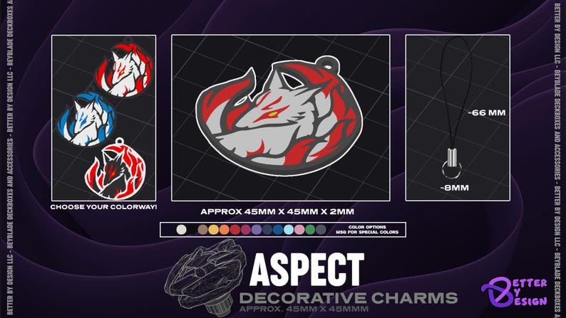 May include: Decorative Aspect charms with a stylized wolf design in various colorways. The charms are approximately 45mm x 45mm x 2mm. Includes a black lanyard with a metal ring. Choose your colorway!