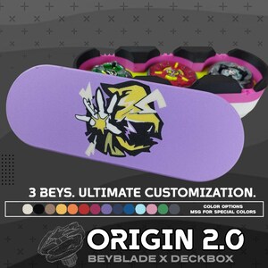 May include: A purple deckbox with a graphic design and the text "ORIGIN 2.0". The image also shows three Beyblades. The text reads "3 BEYS. ULTIMATE CUSTOMIZATION."