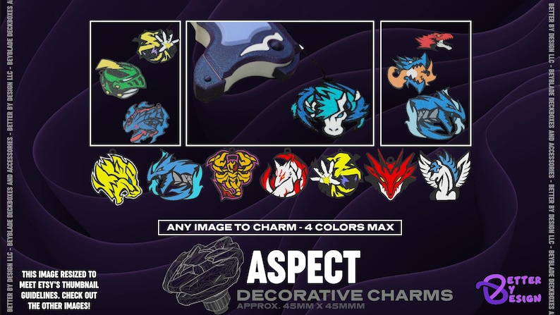 May include: Decorative charms with various designs and colors, including yellow, blue, red, and white. The image includes the text "ANY IMAGE TO CHARM - 4 COLORS MAX" and "ASPECT DECORATIVE CHARMS APPROX. 45MM X 45MM".