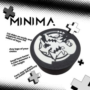 May include: A black and white 3D printed Beyblade launcher with a custom logo design. The launcher is 4.25 inches in diameter and 2 inches tall. The text "MINIMA." is printed on the image.