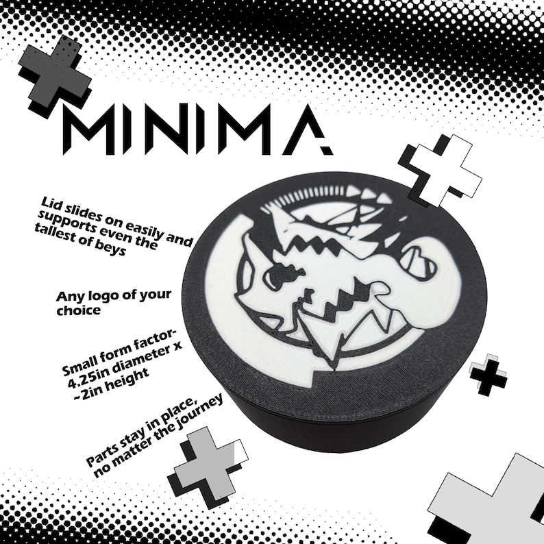 May include: A black and white 3D printed Beyblade launcher with a custom logo design. The launcher is 4.25 inches in diameter and 2 inches tall. The text "MINIMA." is printed on the image.