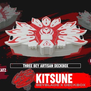 May include: A white and red Kitsune Beyblade deckbox with magnetic lids. The deckbox is inspired by Kamen Rider Geatz and features a unique design. The text "THREE BEY ARTISAN DECKBOX" is displayed.