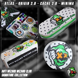 May include: A collection of toy tops and storage cases. The cases are white with green and orange graphics and the text "ANTI WIZARD WIZARD CLUB". The tops are in various colors and designs. The text "ATLAS - ORIGIN 2.0 - CACHE 2.0 - MINIMA" is at the top.