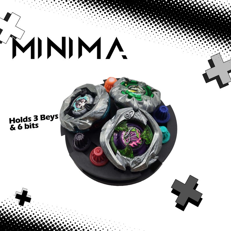 May include: A black plastic Beyblade storage stand with three Beyblades and six bits. The stand is labelled "MINIMA" and "Holds 3 Beyblades & 6 bits".