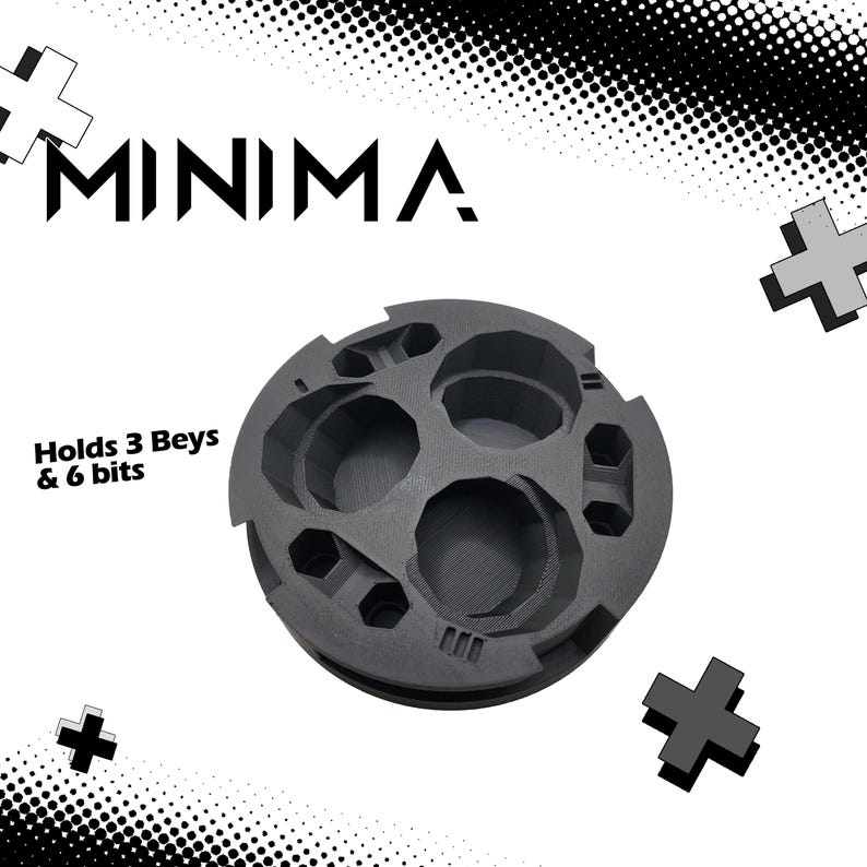 May include: A black 3D printed Beyblade storage container with three circular compartments and six smaller compartments for bits. The container is labelled "MINIMA" and "Holds 3 Bey & 6 bits".