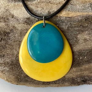 Tagua Nut Large Layered Pendant Yellow and Turquoise , Tagua Large Layered Necklace, Tagua Nut Pendant Yellow and Turquoise
