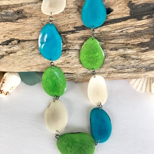 Long Tagua Nut Necklace, Charming Chain Tagua Necklace, White, Turquoise and Green Tagua Necklace