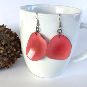Tagua Nut Earrings, Pink Tagua Nut Earrings, Simple Slice Tagua Nut Earrings, Pink Vegatable Ivory Earrings